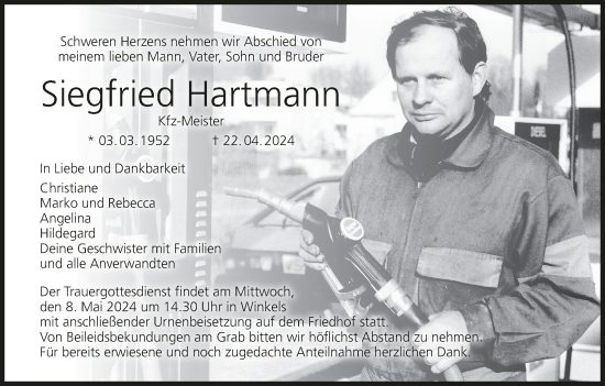 Anzeige von Siegfried Hartmann von MGO
