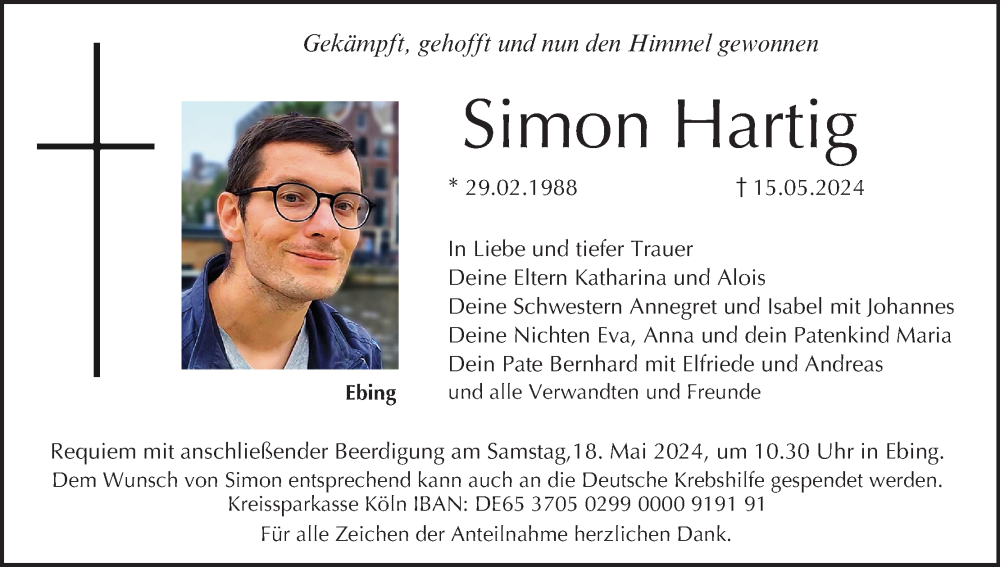  Traueranzeige für Simon Hartig vom 17.05.2024 aus MGO