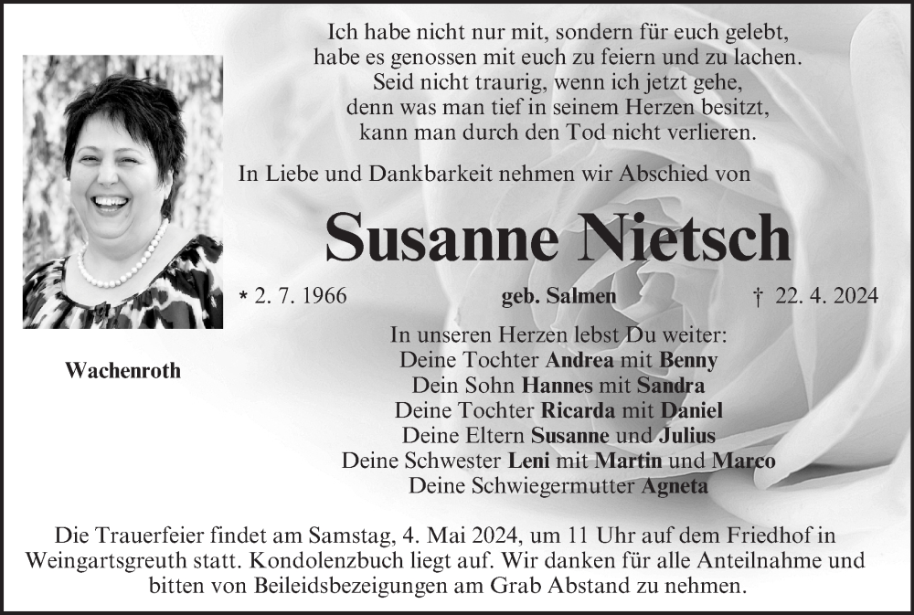  Traueranzeige für Susanne Nietsch vom 30.04.2024 aus MGO