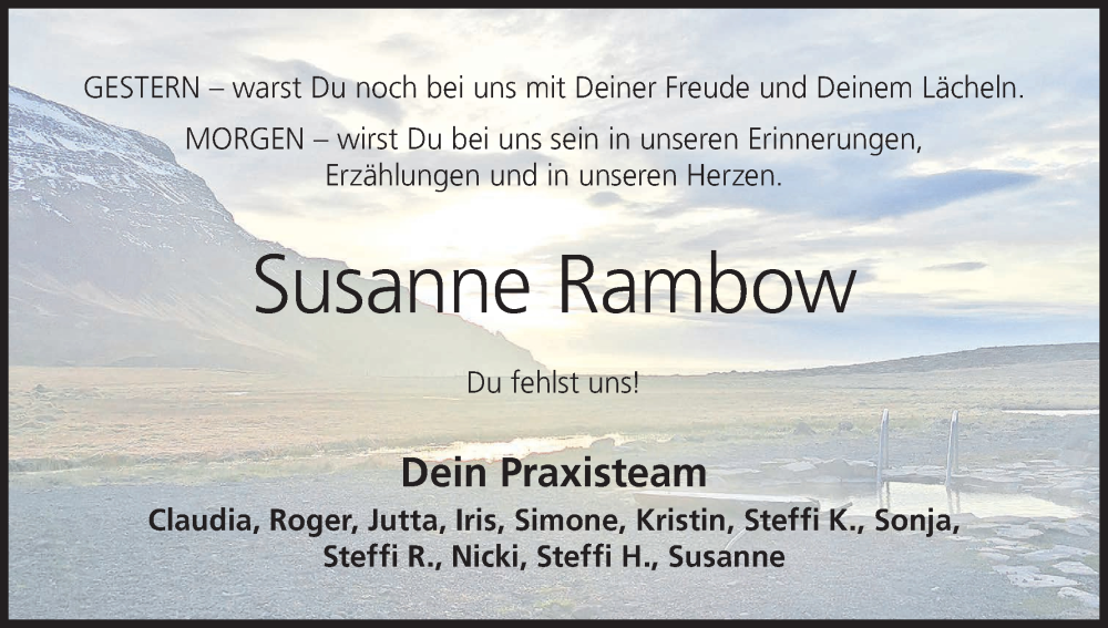  Traueranzeige für Susanne Rambow vom 15.05.2024 aus MGO