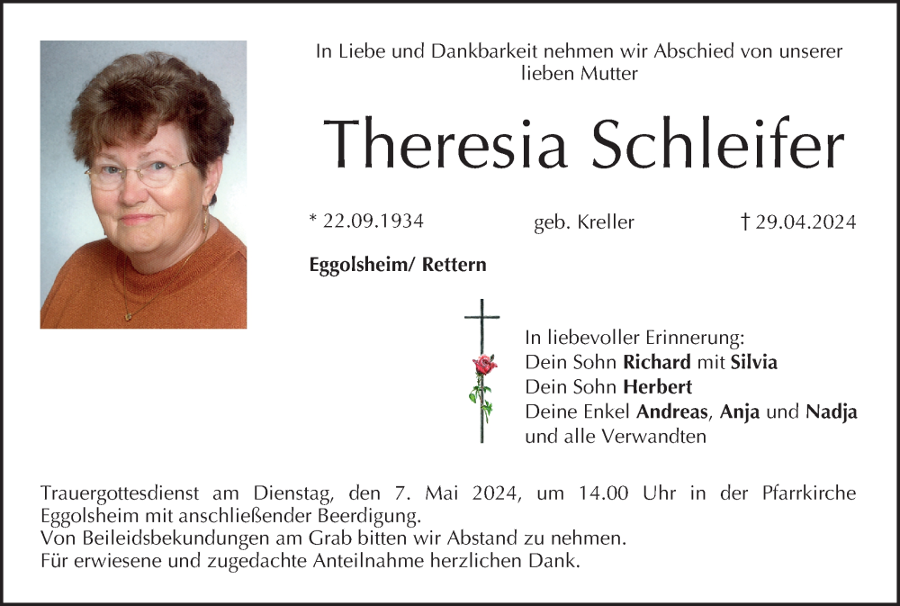  Traueranzeige für Theresia Schleifer vom 04.05.2024 aus MGO