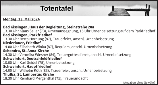 Anzeige von Totentafel vom 13.05.2024 von MGO