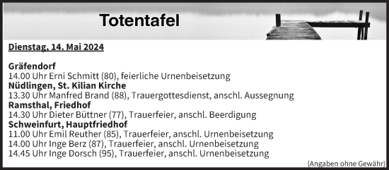 Anzeige von Totentafel vom 14.05.2024 von MGO