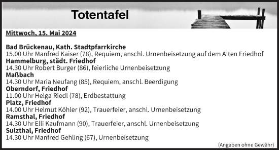 Anzeige von Totentafel vom 15.05.2024 von MGO