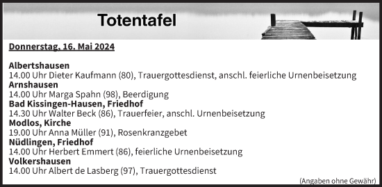 Anzeige von Totentafel vom 16.05.2024 von MGO