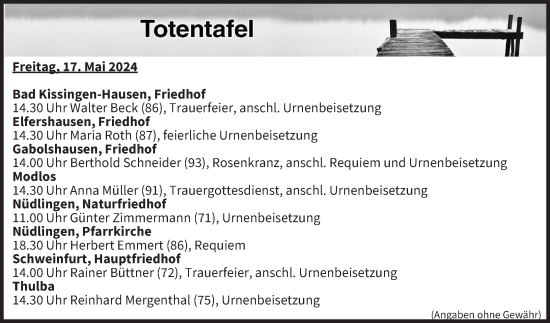 Anzeige von Totentafel vom 17.05.2024 von MGO