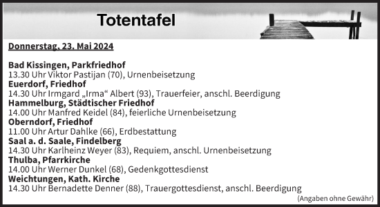 Anzeige von Totentafel vom 23.05.2024 von MGO