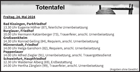 Anzeige von Totentafel vom 24.05.2024 von MGO