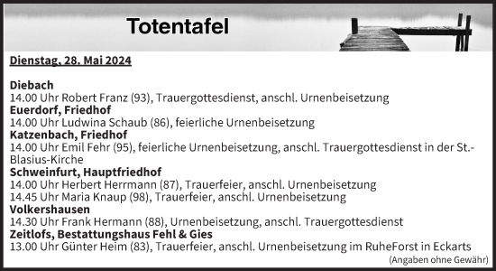 Anzeige von Totentafel vom 28.05.2024 von MGO