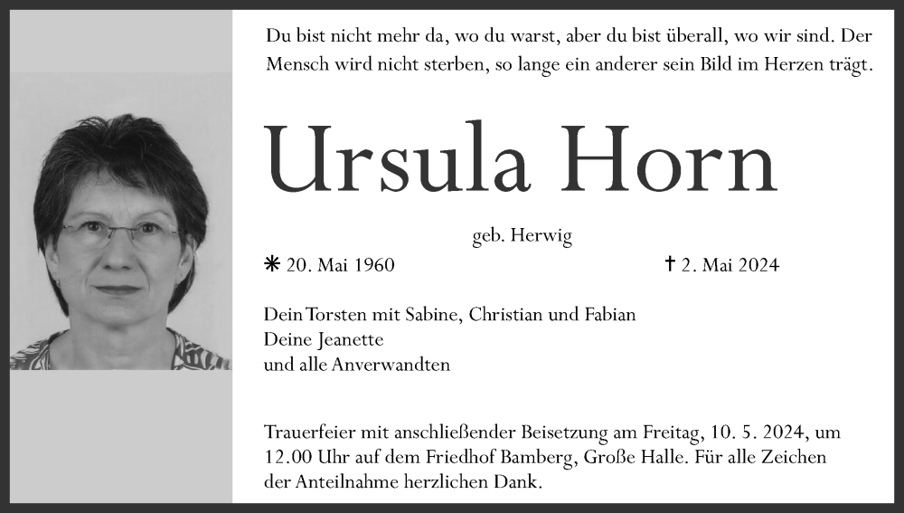  Traueranzeige für Ursula Horn vom 04.05.2024 aus MGO