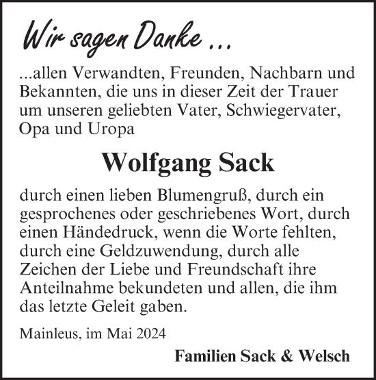 Anzeige von Wolfgang Sack von MGO