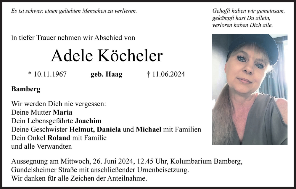  Traueranzeige für Adele Köcheler vom 22.06.2024 aus MGO