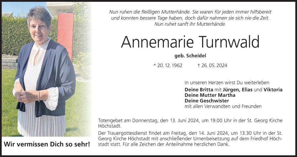  Traueranzeige für Annemarie Turnwald vom 08.06.2024 aus MGO