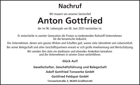 Anzeige von Anton Gottfried von MGO