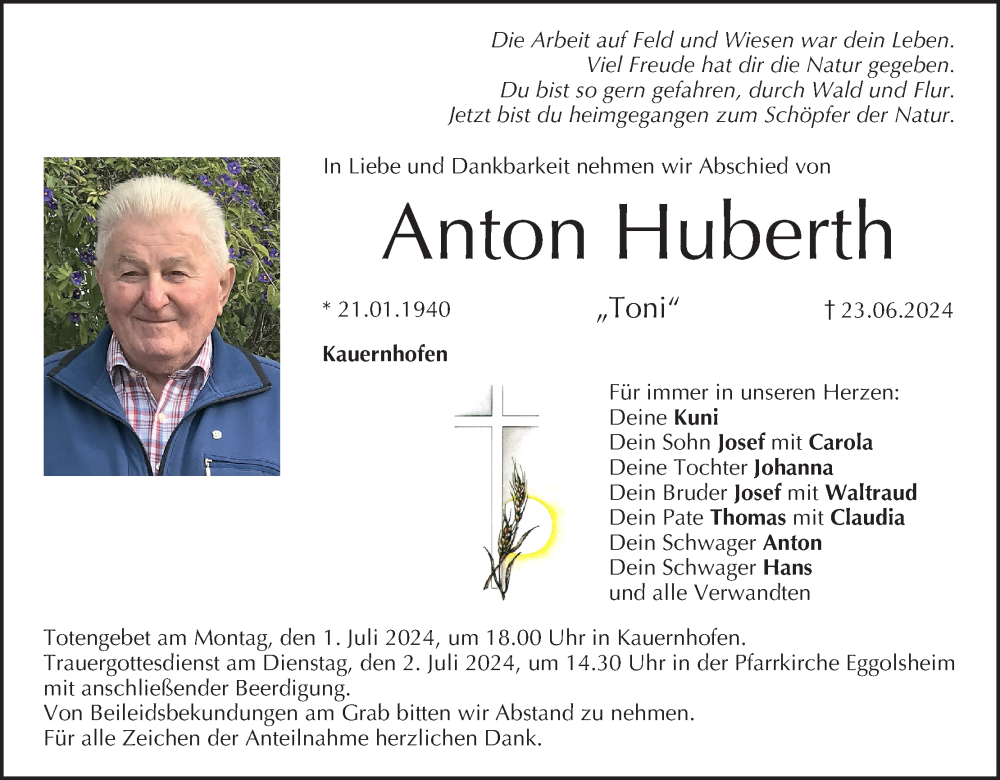  Traueranzeige für Anton Huberth vom 29.06.2024 aus MGO