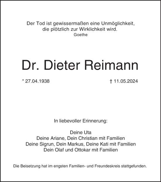 Anzeige von Dieter Reimann von MGO
