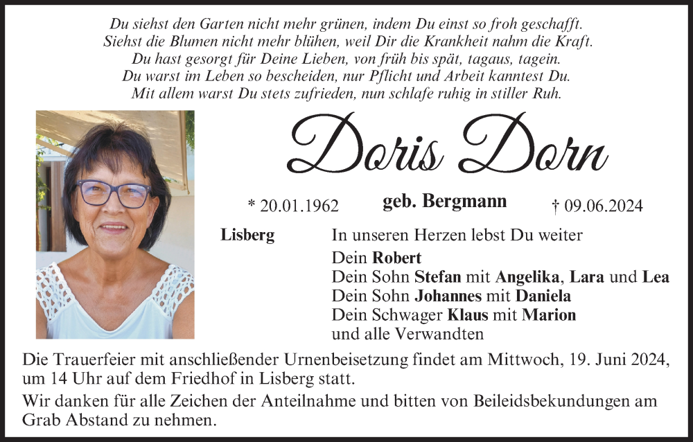  Traueranzeige für Doris Dorn vom 15.06.2024 aus MGO