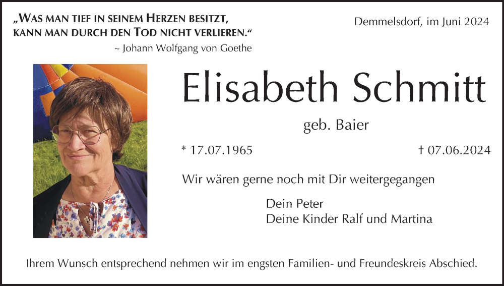  Traueranzeige für Elisabeth Schmitt vom 15.06.2024 aus MGO