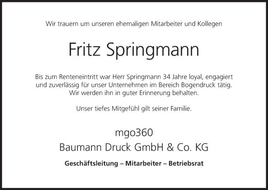 Anzeige von Fritz Springmann von MGO