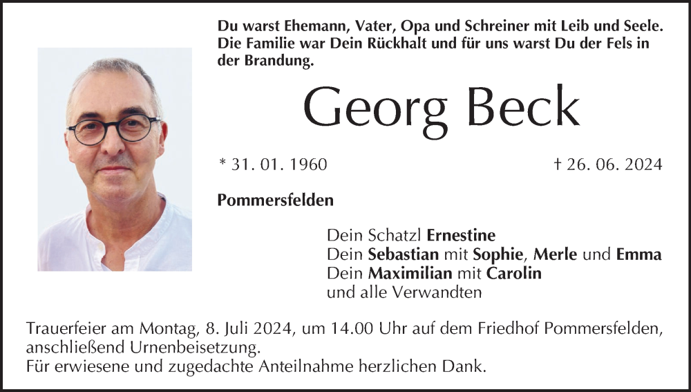  Traueranzeige für Georg Beck vom 29.06.2024 aus MGO