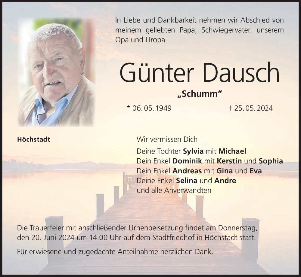  Traueranzeige für Günter Dausch vom 15.06.2024 aus MGO