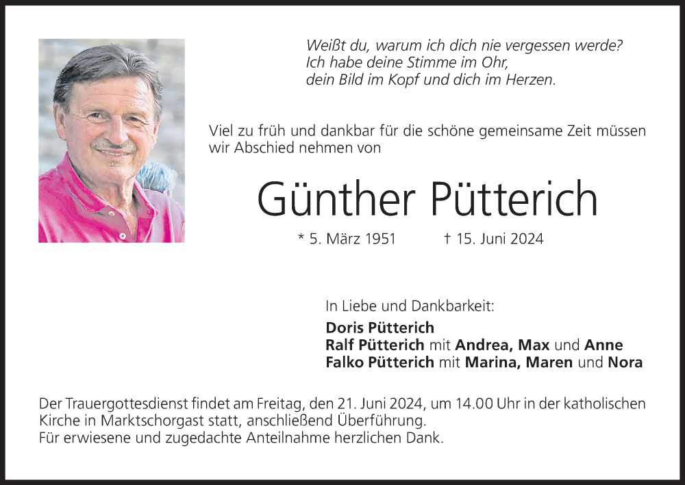  Traueranzeige für Günther Pütterich vom 19.06.2024 aus MGO