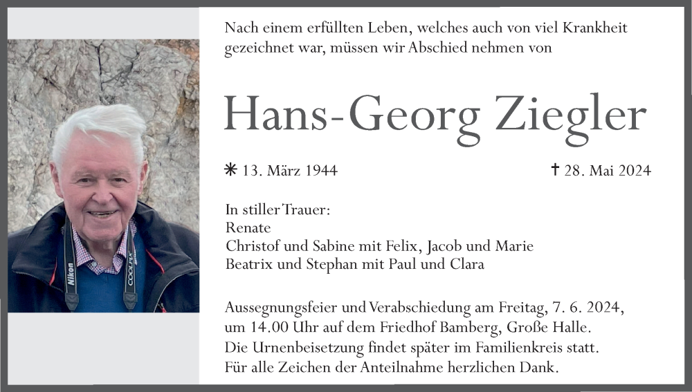  Traueranzeige für Hans-Georg Ziegler vom 01.06.2024 aus MGO