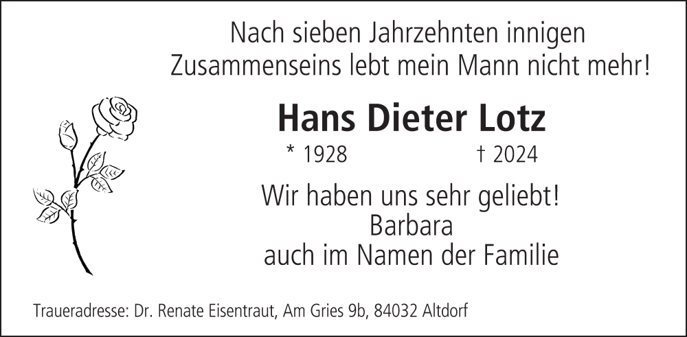  Traueranzeige für Hans Dieter Lotz vom 29.06.2024 aus MGO