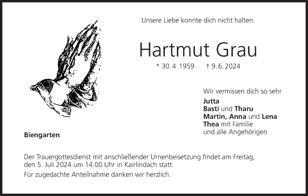  Traueranzeige für Hartmut Grau vom 29.06.2024 aus MGO