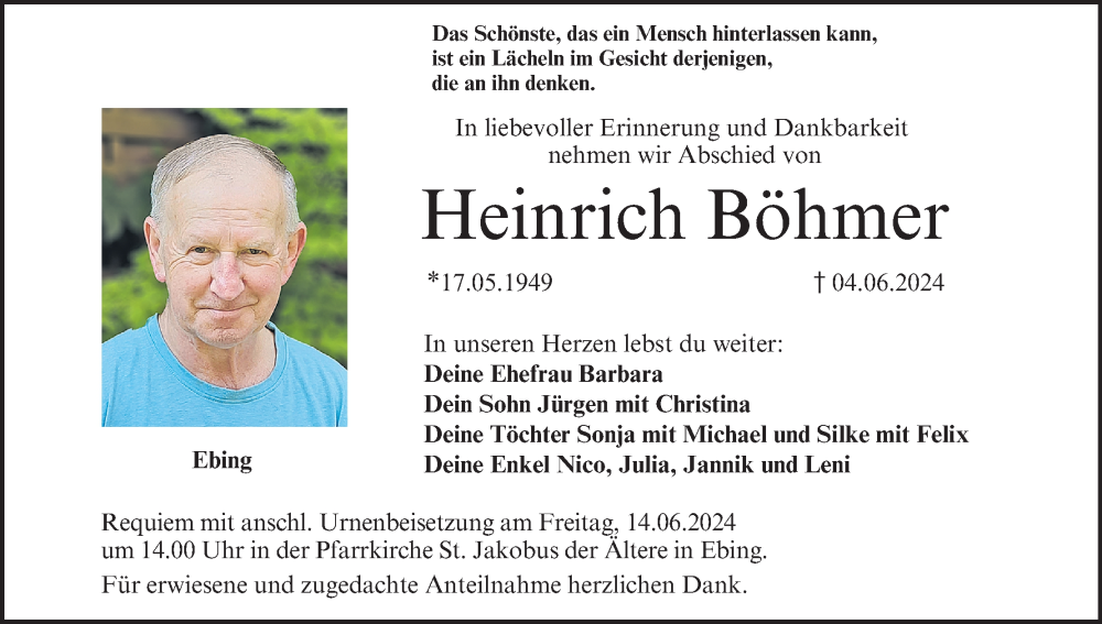  Traueranzeige für Heinrich Böhmer vom 08.06.2024 aus MGO