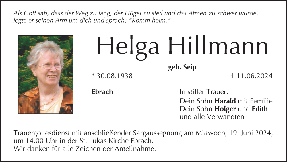  Traueranzeige für Helga Hillmann vom 15.06.2024 aus MGO