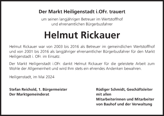 Anzeige von Helmut Rickauer von MGO