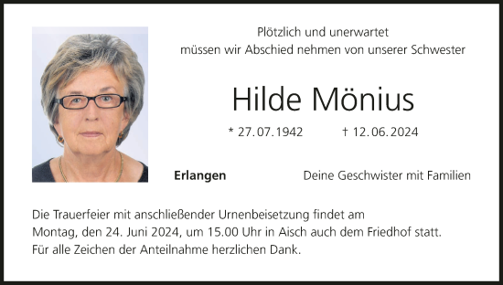 Anzeige von Hilde Mönius von MGO