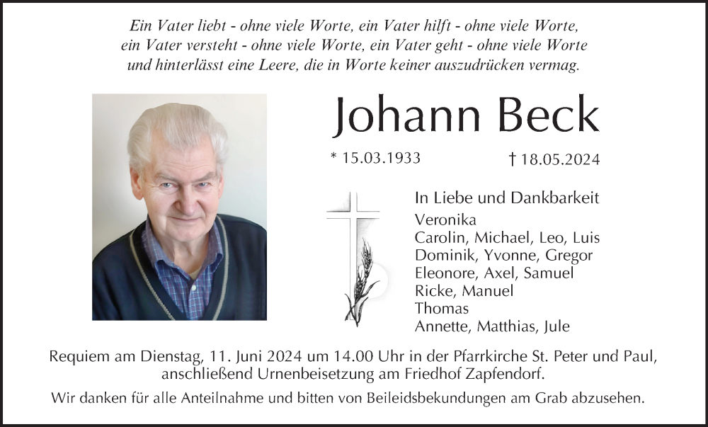  Traueranzeige für Johann Beck vom 01.06.2024 aus MGO