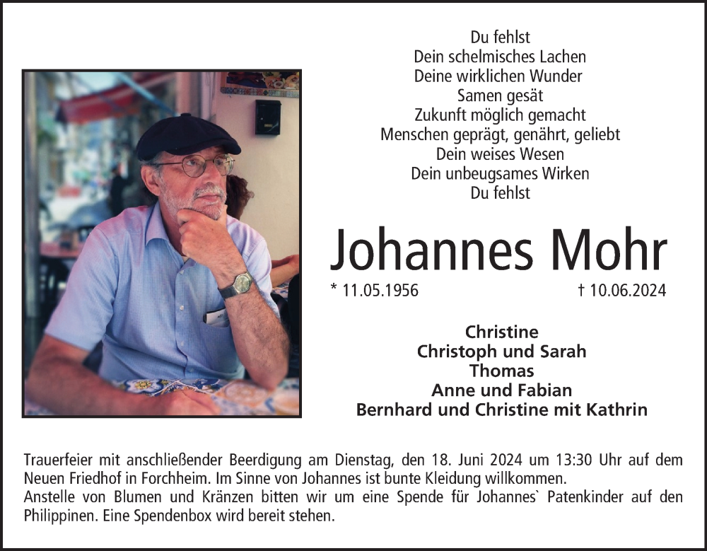  Traueranzeige für Johannes Mohr vom 15.06.2024 aus MGO