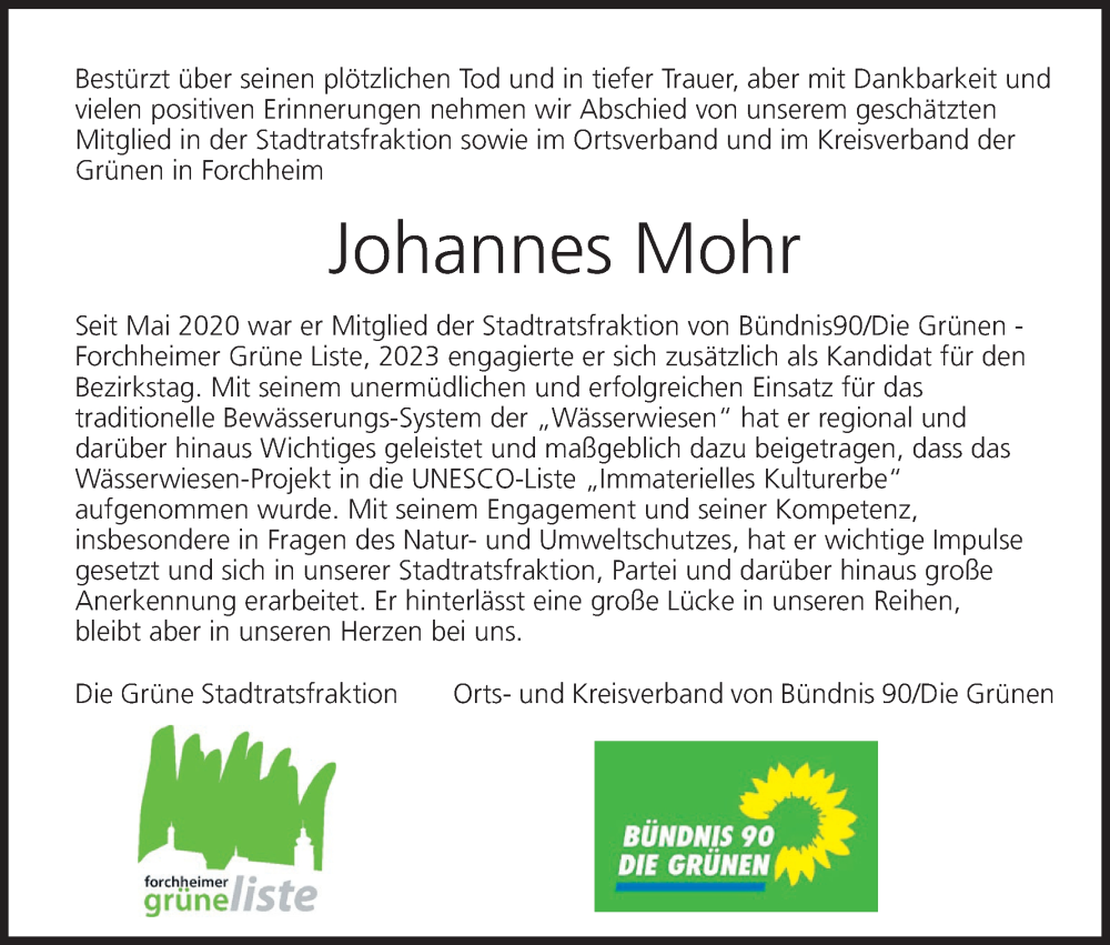  Traueranzeige für Johannes Mohr vom 15.06.2024 aus MGO