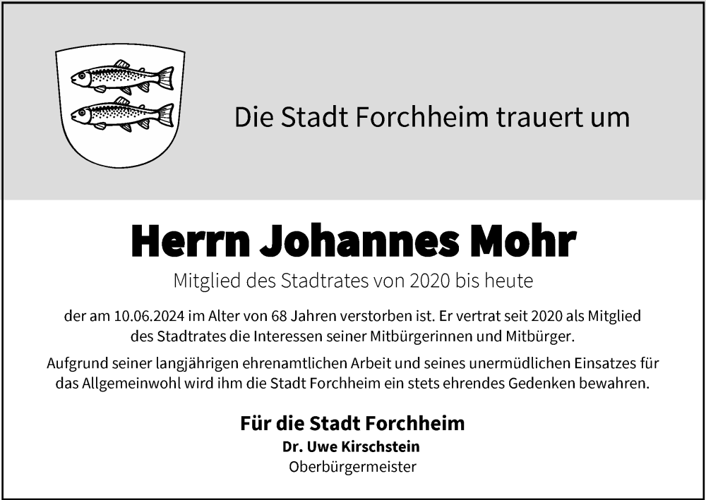  Traueranzeige für Johannes Mohr vom 12.06.2024 aus MGO
