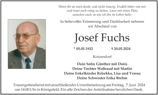 Anzeige von Josef Fuchs von MGO
