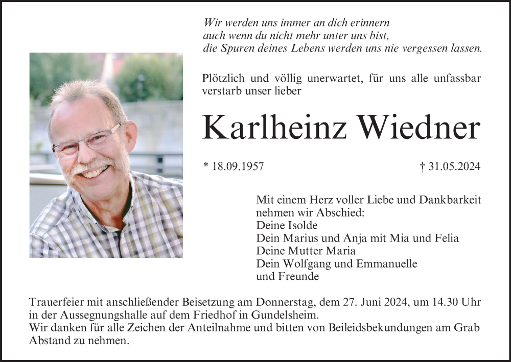 Traueranzeige für Karlheinz Wiedner vom 22.06.2024 aus MGO