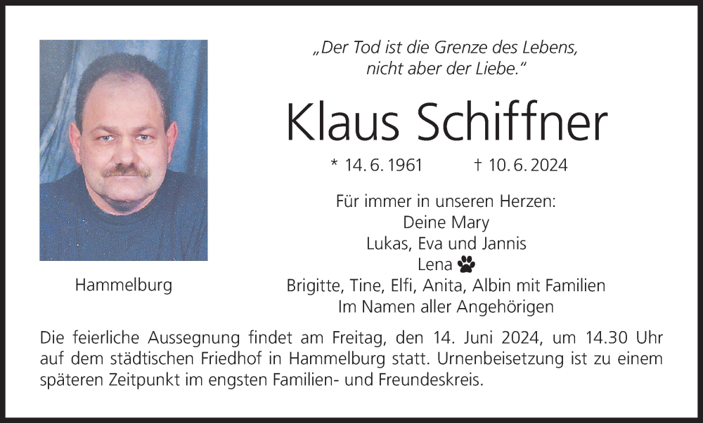  Traueranzeige für Klaus Schiffner vom 13.06.2024 aus MGO