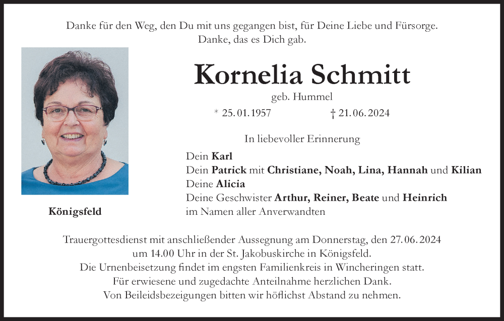  Traueranzeige für Kornelia Schmitt vom 26.06.2024 aus MGO