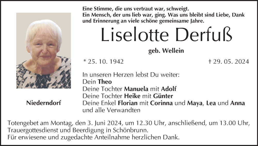  Traueranzeige für Liselotte Derfuß vom 01.06.2024 aus MGO