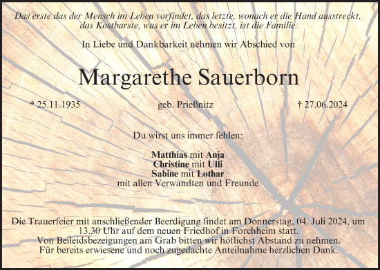Anzeige von Margarethe Sauerborn von MGO
