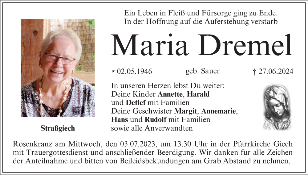  Traueranzeige für Maria Dremel vom 29.06.2024 aus MGO
