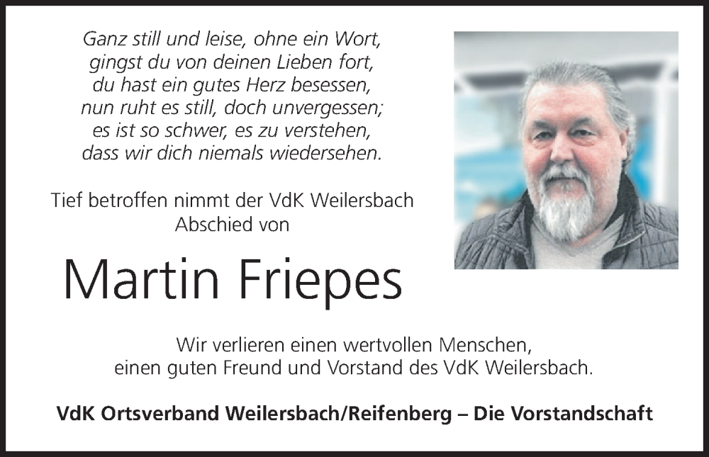  Traueranzeige für Martin Friepes vom 22.06.2024 aus MGO