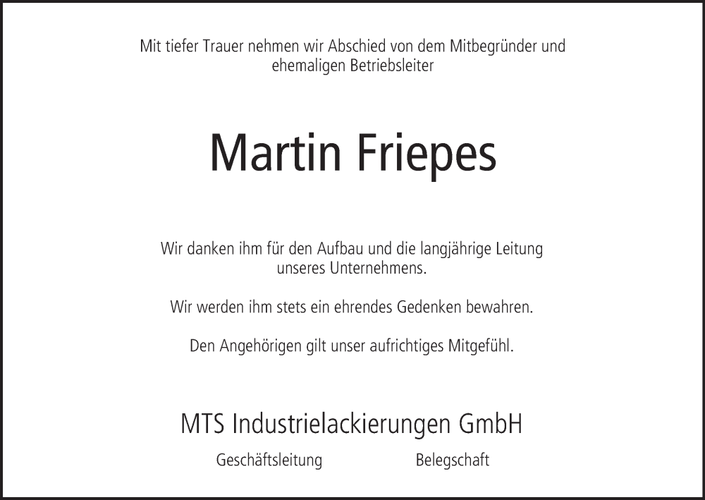  Traueranzeige für Martin Friepes vom 22.06.2024 aus MGO