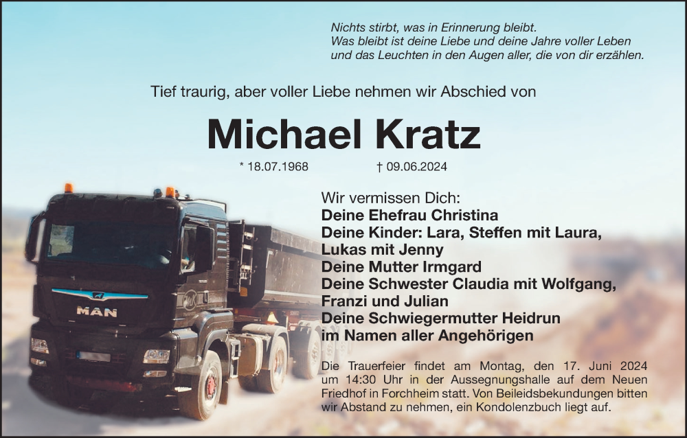  Traueranzeige für Michael Kratz vom 13.06.2024 aus MGO