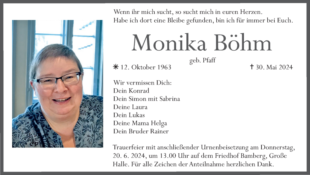  Traueranzeige für Monika Böhm vom 15.06.2024 aus MGO