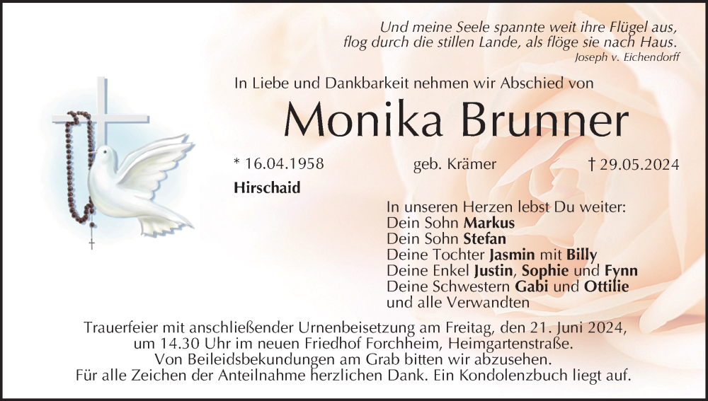  Traueranzeige für Monika Brunner vom 08.06.2024 aus MGO