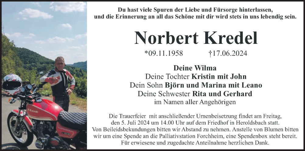  Traueranzeige für Norbert Kredel vom 29.06.2024 aus MGO